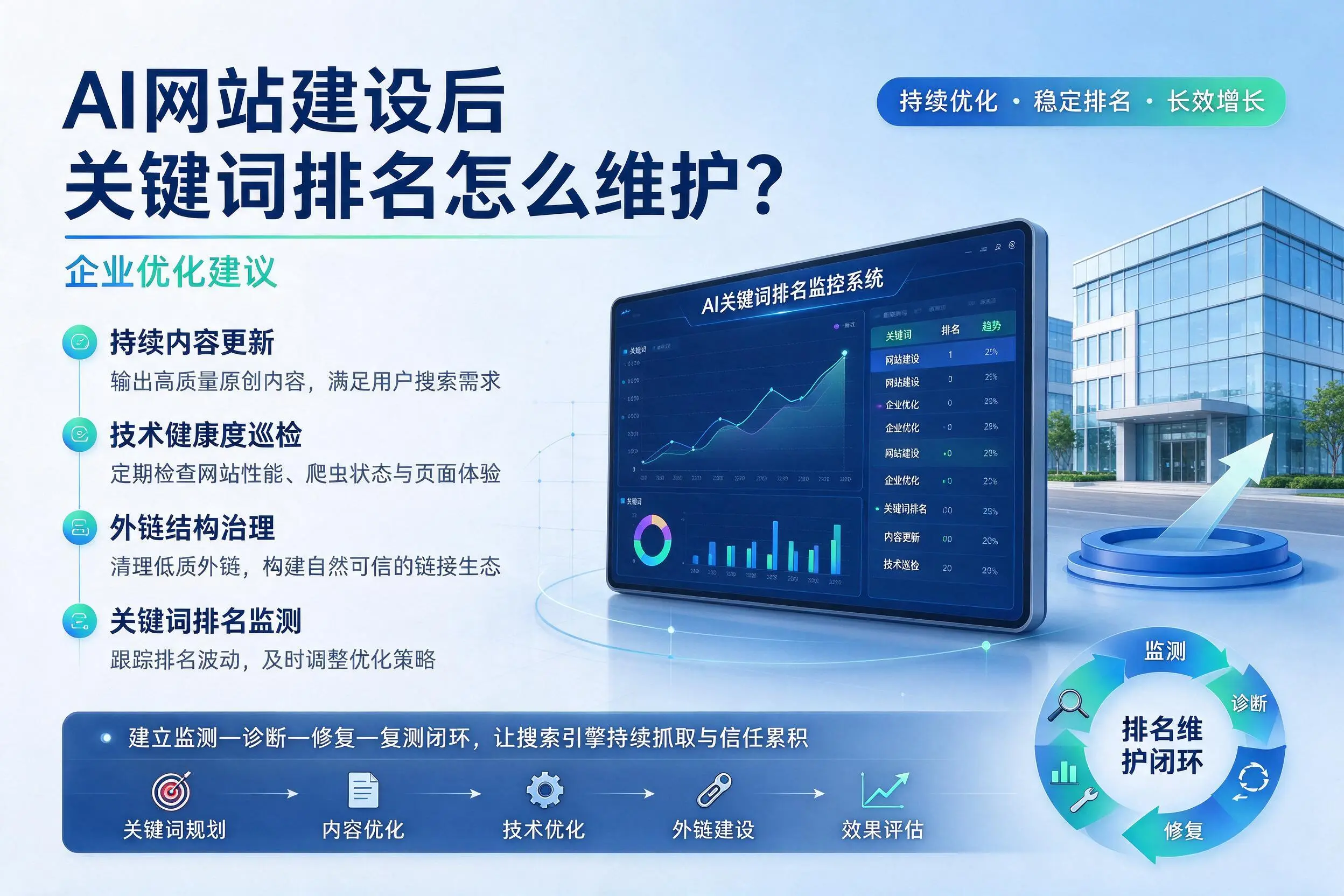 AI网站建设后关键词排名怎么维护?石河子企业优化建议
